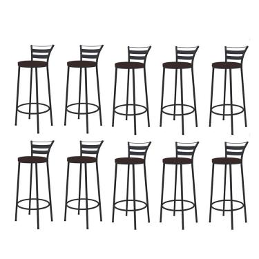 Imagem de Kit 10 Banqueta Alta Com Encosto Kali Balcão Ferro Preto Sintético Marrom