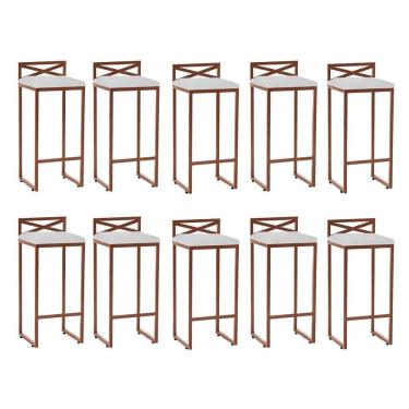 Imagem de Kit 10 Banqueta Alta Com Encosto Ema Balcão Ferro Bronze Corino Branco