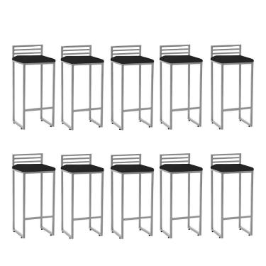 Imagem de Kit 10 Banqueta Alta Com Encosto Núria Balcão Ferro Prata Sintético Preto