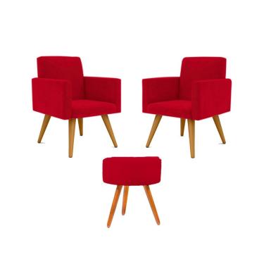 Imagem de Kit 02 Poltronas Decorativas + Puff Decorativo Redondo Sala Cor:vermelho