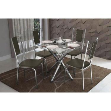 Imagem de Kit Mesa Volga C- Tampo Vidro 90cm + 4 Cadeiras Lisboa Cromado Courano Marrom