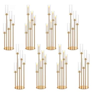 Imagem de 89 cm Conjunto de 8 velas de candelabro de ouro para mesas, suporte de castiçal, centro de mesa, decorações de mesa, abajur de acrílico, adequado para vela de LED de 2,3 cm