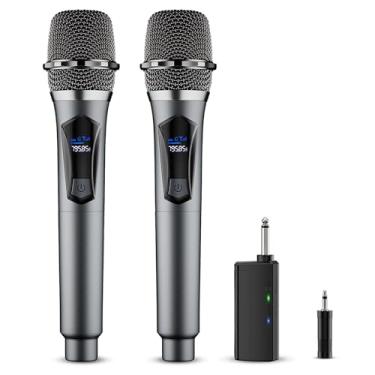 Imagem de Microfone sem fio, sistema de microfone dinâmico sem fio duplo profissional com receptor recarregável, conjunto de microfones de karaokê para cantar, karaokê, casamento, DJ, festa, discurso, igreja