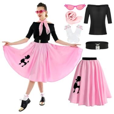 Imagem de Leadtex Sock Hop Outfits feminino, saias poodle dos anos 1950, camiseta poodle com acessórios dos anos 50, meias, cachecol, cinto, óculos (rosa, GG)