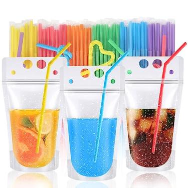 Imagem de 50 unidades de sacos de bebida para adultos, sacos ziplock reutilizáveis com canudos reutilizáveis para bebidas alcoólicas, recipiente de suco portátil congelável para smoothie frio e quente (473 ml
