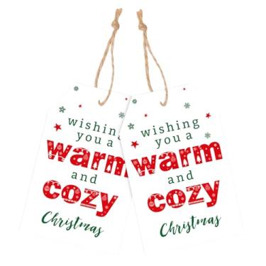 Imagem de joycraft Etiquetas de presente de Natal com corda, desejamos a você etiquetas de Natal quentes e aconchegantes, 50 peças de etiquetas de papel kraft, vermelhas e verdes, etiquetas de presente personalizadas para embrulho de presente, artesanato DIY, decoração de natal (8,4 cm x 5,3 cm)