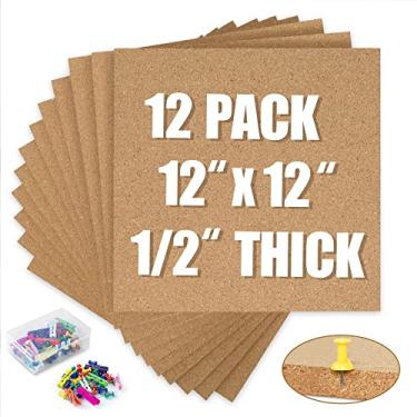 Imagem de AKTOP Quadro de avisos para quadro de cortiça 30,5 x 30,5 cm, 12 peças de placa de cortiça de 12 unidades, pequeno quadro quadrado para parede, quadro de cortiça autoadesivo com 120 clipes de madeira para escola, casa e escritório