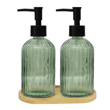 Imagem de Conjunto de 2 dispensadores de sabão de vidro para mãos e louças com bombas de plástico, bandeja de bambu, dispensador de sabão de banheiro de 382 g para lavar à mão e lavar louça, ideal para bancada