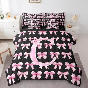 Imagem de Erosebridal Conjunto de edredom com laço rosa e preto, solteiro, para meninas adolescentes, letra C, conjunto de cama de 7 peças com laço estético, cama de princesa sonhadora em uma bolsa (C)