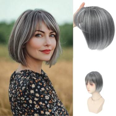 Imagem de Civrie Short Bob Hair Topper com franja para mulheres 25,4 cm peças de cabelo laterais para mulheres com cabelo fino (cinza)