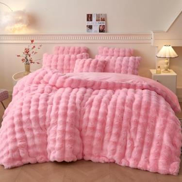 Imagem de LIFEREVO Conjunto de capa de edredom de pele sintética de coelho, fofo, felpudo, bolha, waffle adulto, meninas, crianças, adolescentes, 1 capa de edredom de cama felpuda + 1 fronha peluda, fecho de