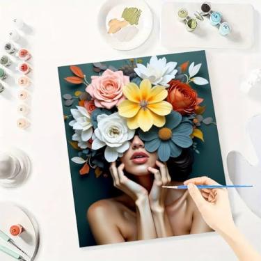Imagem de Huacan Kits de pintura por números para adultos iniciantes sem moldura, faça você mesmo, desenho em tela, kit de pintura feminina acrílica feito à mão com 3 pincéis 40,6 x 50,8 cm
