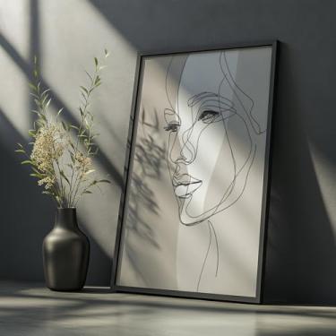Imagem de Quadro Decorativo Rosto Feminino Com Moldura - Desenho Linhas Finas Mulher Minimalista Moderno Abstrato Preto Branco Sala Quarto