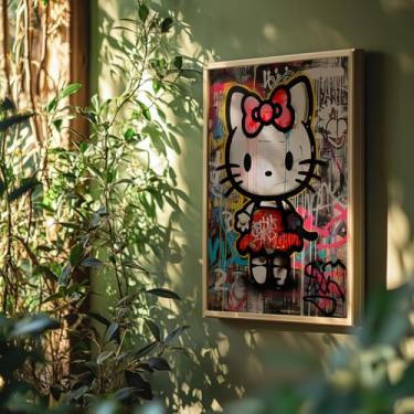 Imagem de Quadro Decorativo Kitty Grafite Gatinha Com Moldura Arte Urbana Colorida Personagem Ícone Cultura Pop Infantil Moderna Parede
