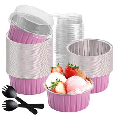Imagem de 60 peças de mini formas de bolo com tampas, copos redondos de folha de alumínio de 150 ml, mini ramequins descartáveis de 125 ml, muffin de lata, ramequins e brownie, copos de cupcake de sobremesa