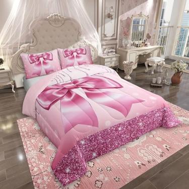 Imagem de Erosebridal Conjunto de edredom infantil com laço rosa e laço coquete, moderno, moderno, lindo, com glitter, laço e edredom para mulheres