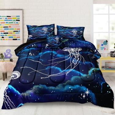 Imagem de Bedbay Jogo de cama queen com galáxia azul, estampa de água-viva, tema oceano, microfibra macia, céu estrelado, estrelas, quarto de meninos e meninas, 4 peças para todas as estações