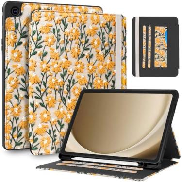 Imagem de Uppuppy Capa para Samsung Galaxy Tab A9 Plus de 28 cm – Capa com suporte para lápis e compartimento para cartão, capa estética feminina com design de margarida amarela para Samsung Tab A9 Plus