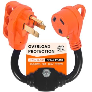 Imagem de Gociean - Protetor de sobrecarga de 50 a 30 A adaptador RV com disjuntor, NEMA 14-50P a NEMA TT-30R adaptador de corrente elétrica com indicador de alimentação LED, cabo adaptador RV Dogbone, 18