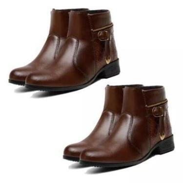 Imagem de 2 Pares Bota Feminina Coturno Chelsea Cano Curto Montaria Salto Grosso Couro Ecologico Frio Inverno-Feminino