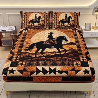 Imagem de AILONEN Jogo de lençol Queen de cowboy ocidental, retrô, deserto do oeste, norte-americano, nativo boêmio, lençol com elástico com 2 fronhas, 3 peças