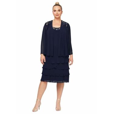 Imagem de S.L. Fashions Jaqueta feminina plus size enfeitada com ombro de chiffon, vestido de mãe da noiva, Azul-marinho profundo, 48