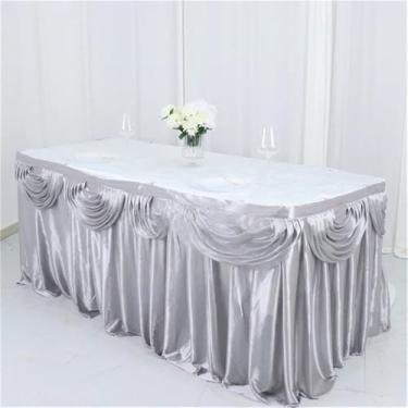 Imagem de Saia de mesa de seda prateada de 3 metros, inclui cortina, toalha de mesa para banquete, saia para festa de casamento, decoração para eventos, prata, 4,2 metros de comprimento