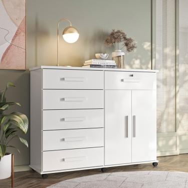 Imagem de Cômoda Platina 2019 - 5 Gavetas Sapateira Rodízios Corrediças Metálicas Puxadores Cromados Branco - Lukaliam Móveis