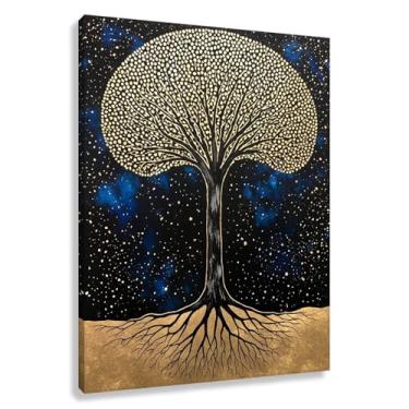 Imagem de Árvore da Vida Arte de Parede Árvore Dourada Impressão em Tela Árvore da Vida Decoração Céu Estrelado Imagens Azul Escuro Sala de Estar 30x40cmx1