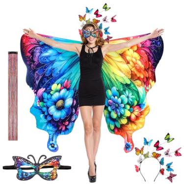 Imagem de Rngmsi Fantasia feminina de asas de borboleta, estampa frente e verso, xaile de asa de borboleta com faixa de cabeça, máscara colorida, conjunto de extensões de cabelo, capa para cosplay, fantasia de