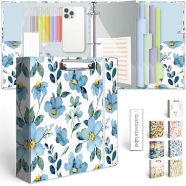 Imagem de Organizador de fichário de 3 anéis de 5 cm, fichário de três anéis com prancheta, divisórias de bolsos de 5 abas, pasta de plástico, 18 divisórias stikers, fichário decorativo KLLVE com alça para