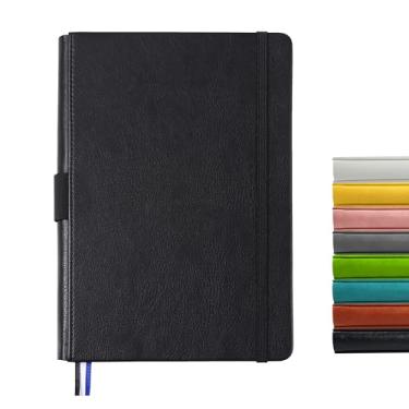 Imagem de Rukasto Caderno/diário grosso A5 de capa dura, papel premium pautado universitário, couro preto, suporte para caneta, 3 marcadores de fita, bolso interno, 21,3 x 14,5 cm