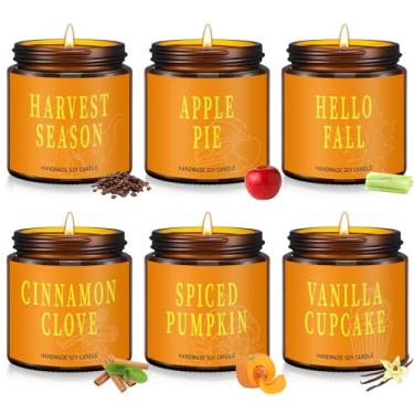 Imagem de Conelist Conjunto de 6 velas perfumadas de outono para casa, para outono, velas de soja, conjunto de presentes com tampa preta para mulheres, homens, casa, outono, dia de Ação de Graças, lembrancinhas