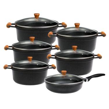 Imagem de Jogo de Panelas Antiaderente 6 Peças Cava em Alumínio Fundido Preto com Alça de Madeira e Tampas de Vidro