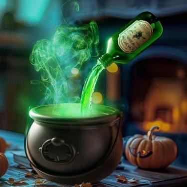 Imagem de Caldeirão vintage de Halloween com criador de névoa e poções flutuantes, pote de bruxa borbulhante assustador para decoração de festa de cozinha, decoração de mesa de Halloween verde assustadora
