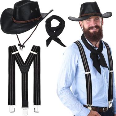 Imagem de Maiteenly Conjunto de 3 peças de acessórios de caçador de recompensas ocidentais de Halloween inclui chapéu de couro premium masculino com suspensórios traseiros em Y sólido e puro cachecol para