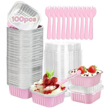 Imagem de Yimy 100 peças de copos quadrados de folha de alumínio, mini formas de bolo com tampas e garfos, copos de bolo de folha de alumínio de 142 g para festa, casamento, aniversário (rosa)