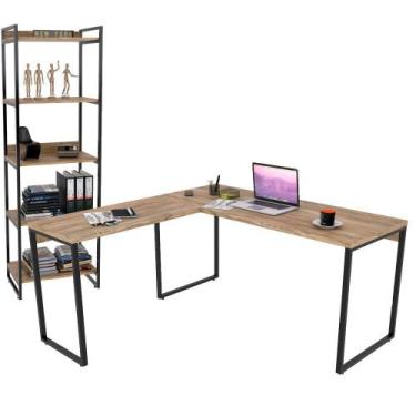 Imagem de Kit Mesa De Escritório Industrial em L com Estante 5 Prateleiras Form 