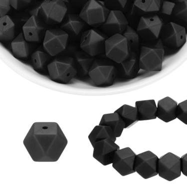 Imagem de HARFINGTON 96 contas de silicone 14 mm contas focais hexagonais de borracha a granel para canetas, chaveiro, pulseira, colar, artesanato, faça você mesmo, preto