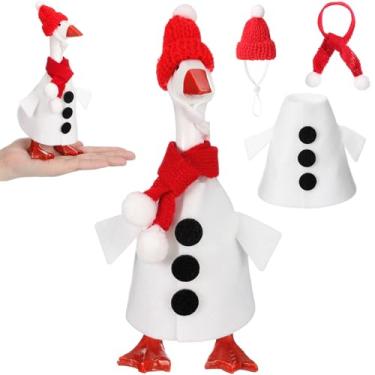 Imagem de Abbylike Mini roupa de ganso de mesa de inverno 17,8 cm estátua magnética de ganso bobo de neve fantasia de boneco de neve mini chapéu de malha e cachecol roupas para inverno estátua magnética de pato