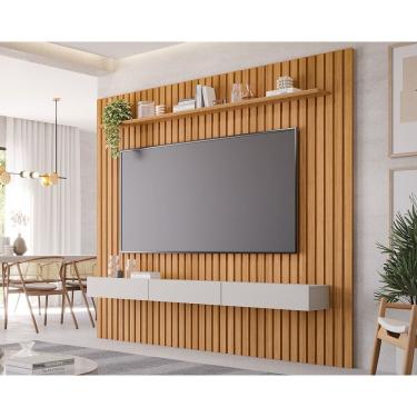 Imagem de Home p/TV até 75 Pol Maragogi c/Bancada e Prateleira Ripado 230x220cm Nature/Off White - Permóbili