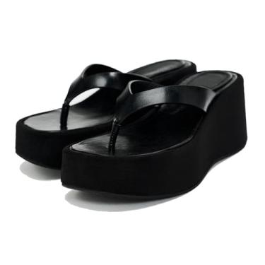 Imagem de EGEBS Chinelo feminino de couro, moderno, confortável, bico redondo, sem cadarço, plataforma antiderrapante, sandálias de dedo para o verão, casual, praia, caminhada, Preto, 38