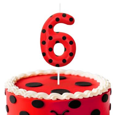 Imagem de Velas de aniversário de joaninha número 6, topo de bolo de bolinhas vermelhas e pretas para meninos e meninas, decorações de aniversário, suprimentos de festa, velas numéricas para decoração de festa