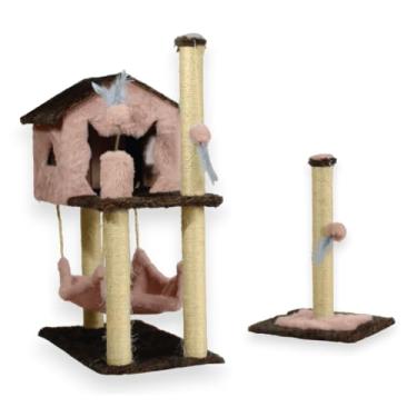 Imagem de Kit Arranhador Para Gato Casa Com Rede e 2 Brinquedos Poste com Base(ROSA)