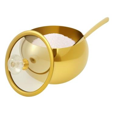 Imagem de DJAPWPX - Tigela de açúcar mascavo de aço inoxidável com tampa e colher de vidro, tigela de grão de café antiferrugem, dispensador de cubos de açúcar de superfície lisa para casa, hotel, escritório