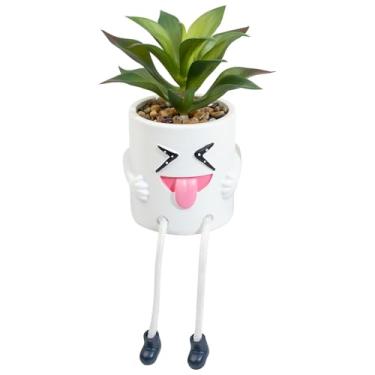 Imagem de LUZOGA Planta falsa mini suculenta em vaso com perna pendurada, vaso branco fofo, plantas suculentas artificiais criativas em vaso engraçado, suculentas falsas para casa, escritório, prateleira