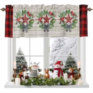 Imagem de Cortina de Natal para Janelas Folhas de Azevinho Pássaro Cardeal Tábua de Madeira Varão Bolso Sanefa Tratamentos de Janela Vermelho Buffalo Xadrez Cortinas Curtas para Cozinha Janelas Banheiro Quarto