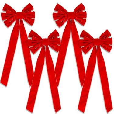 Imagem de 4 peças grande laço de Natal 78 x 29 cm laço de guirlanda de veludo vermelho com borda dourada brilhante enfeite de árvore de Natal laços para Natal, casa, interior, exterior, porta da frente, festas