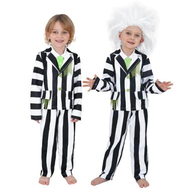 Imagem de Lingway Toys Fantasia infantil listrada preta e branca com peruca, fantasia infantil de Halloween para meninos, Preto e branco, 6 - 8years