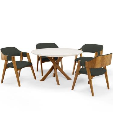 Imagem de Mesa De Jantar Redonda Cora 120cm Off White M04 com 04 Cadeiras Living Suran Linho Verde Musgo - Lyam